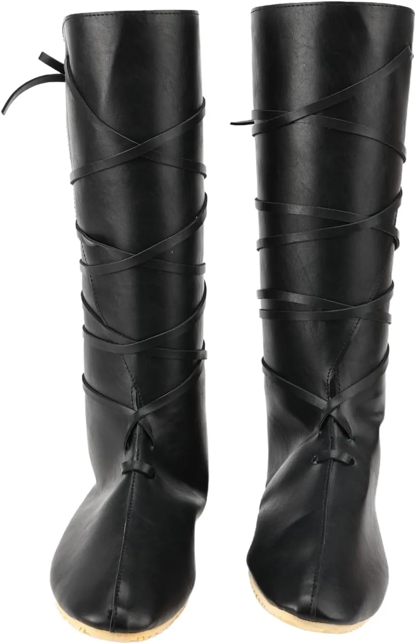 Mens Medieval Boots Faux Leather Mid Calf Gothic Pirate Costume Renaissance Cosplay Shoes for Men