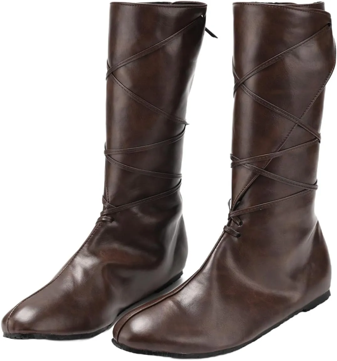 Mens Medieval Boots Faux Leather Mid Calf Gothic Pirate Costume Renaissance Cosplay Shoes for Men