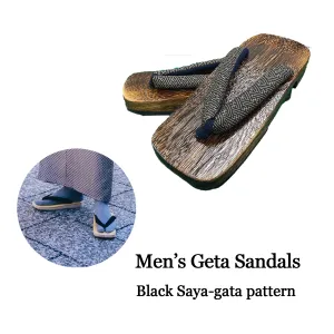 Men's Wooden Geta Sandals : Black Saya-gata pattern