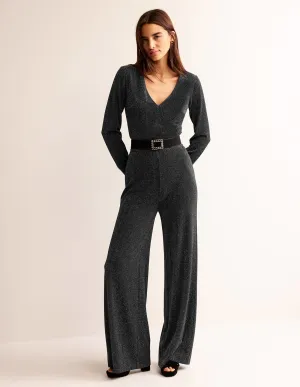 Metallic Plunge Jumpsuit-Black