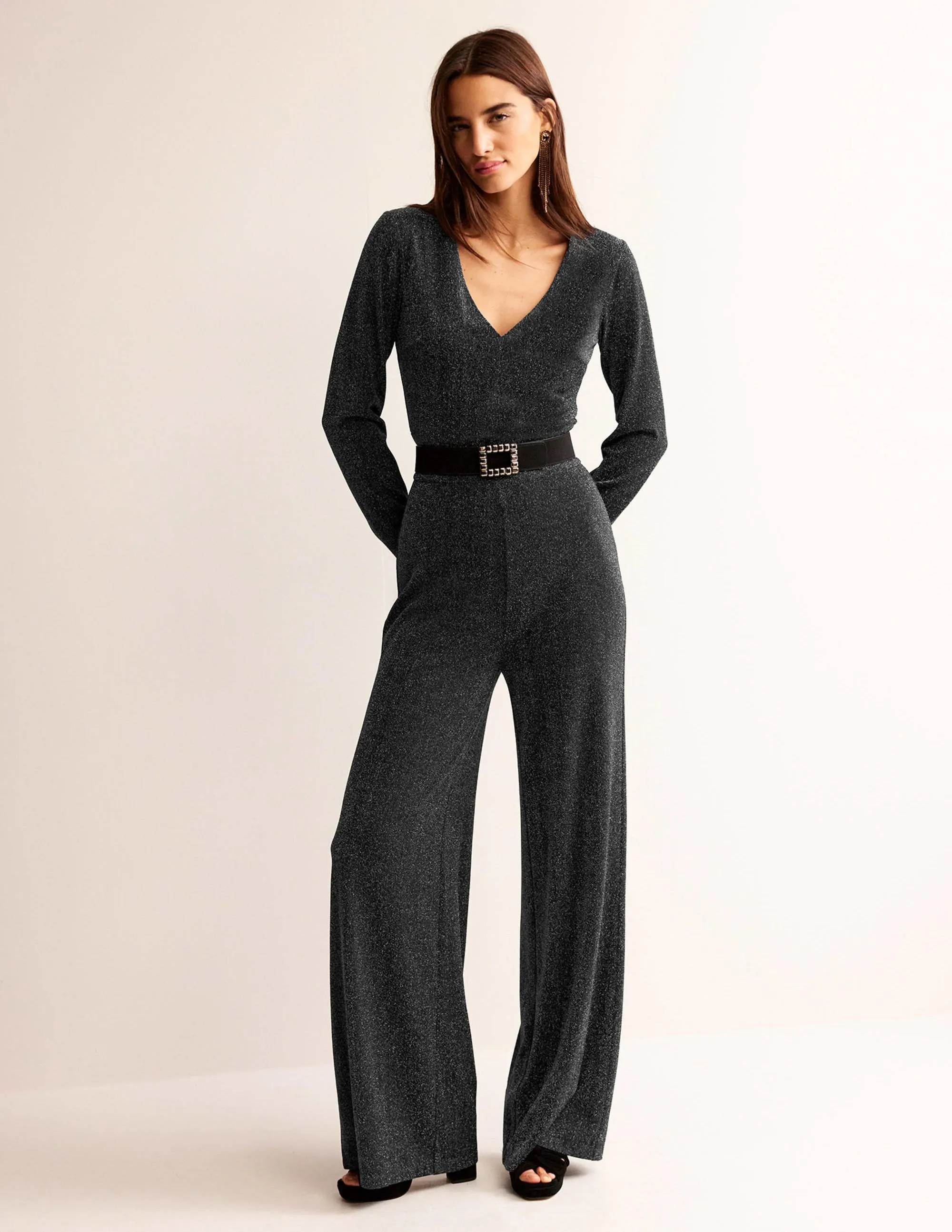 Metallic Plunge Jumpsuit-Black