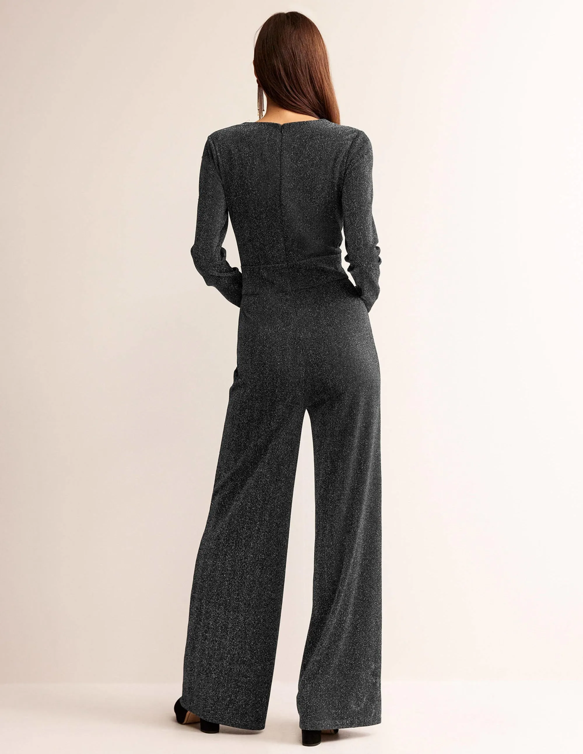 Metallic Plunge Jumpsuit-Black