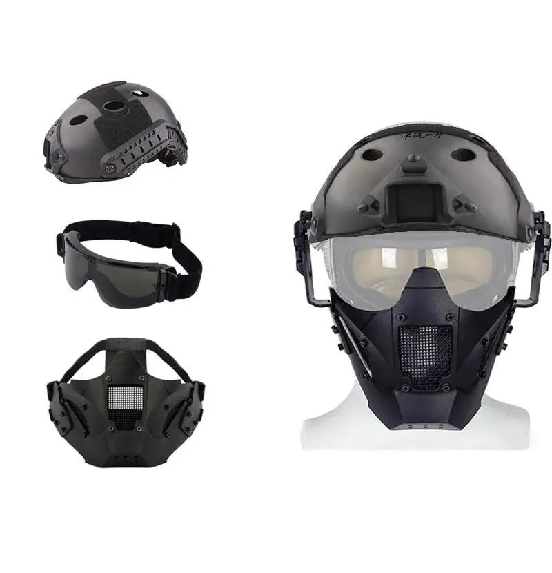 Multi Function Iron Mesh Tactical Mask with Fast Helmet and Tactical Goggles .