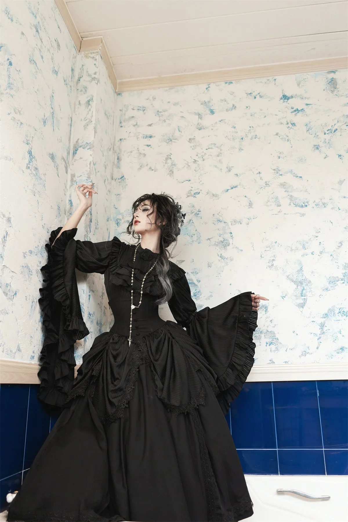 Muppet Mind Ben~Dreaming~Gothic Lolita Skirt Fishbone Long Skirt Ruffled Hem