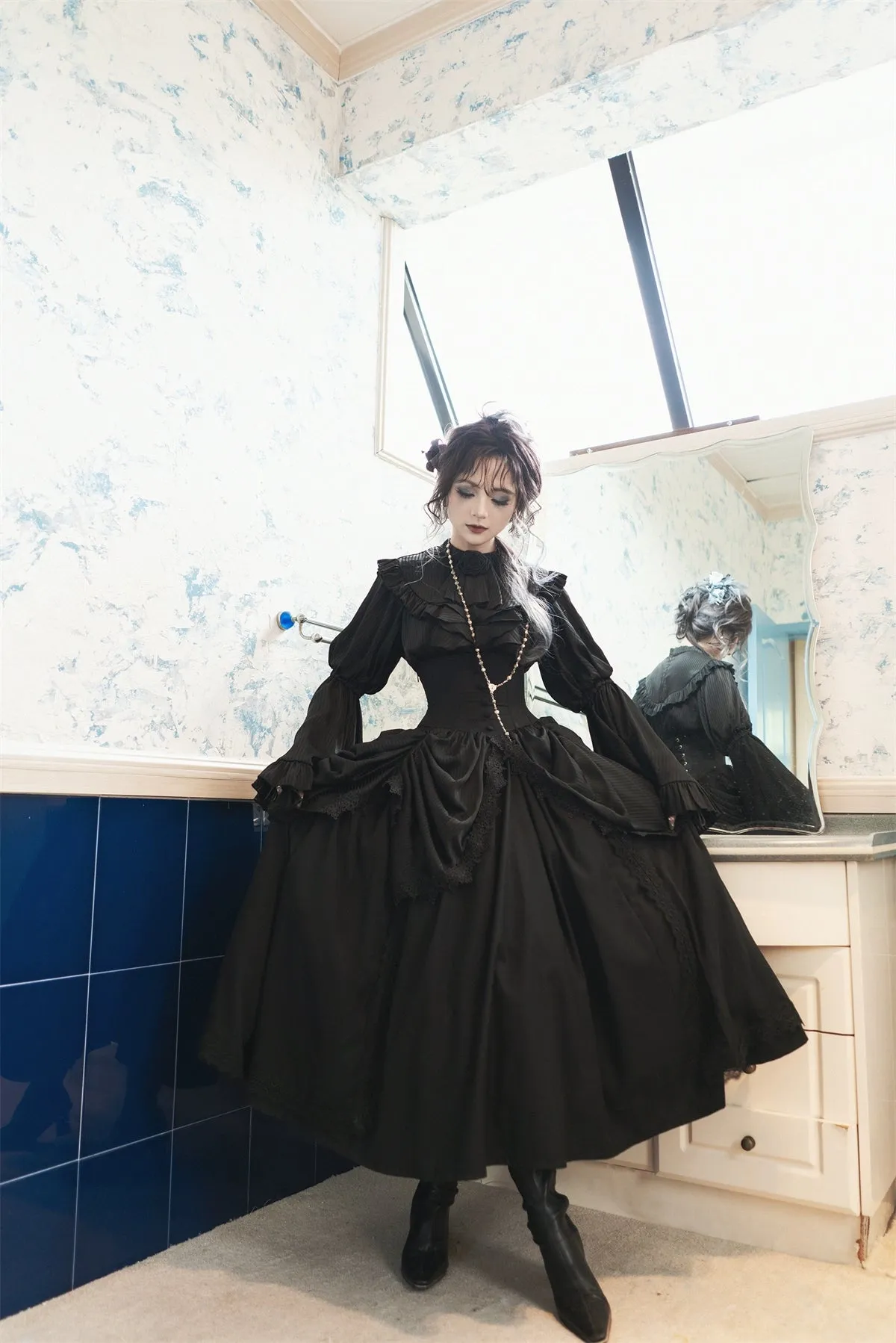 Muppet Mind Ben~Dreaming~Gothic Lolita Skirt Fishbone Long Skirt Ruffled Hem