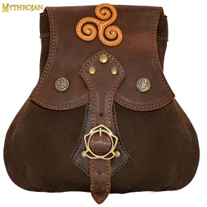 MYTHROJAN “STALWART WARRIOR” LEATHER POUCH MADE IN SPAIN for LARP, Medieval SCA Cosplay Brown, 8”×8”
