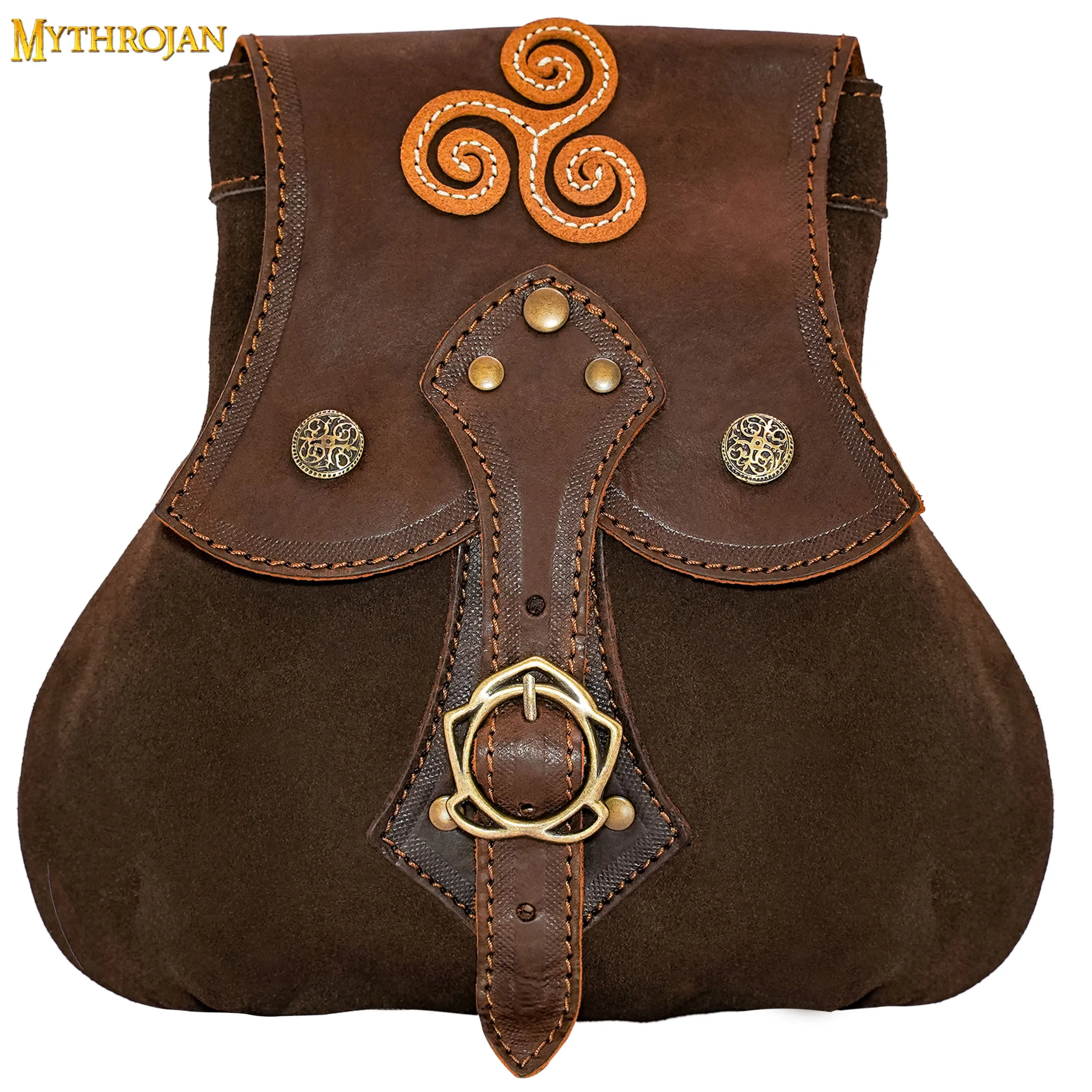 MYTHROJAN “STALWART WARRIOR” LEATHER POUCH MADE IN SPAIN for LARP, Medieval SCA Cosplay Brown, 8”×8”