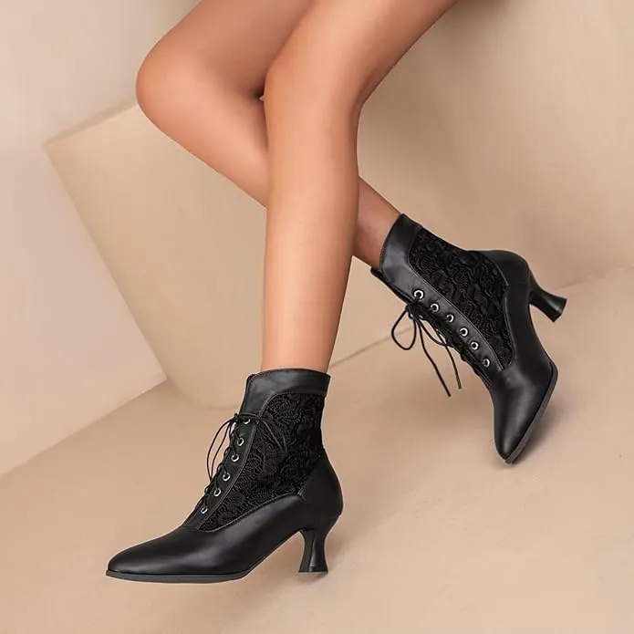 New CRETUAO Women Vintage Victorian Kitten Heel Ankle Boots,Fashion Lace Up Gothic Pointed Toe Zipper Witch Booties Black, Sz 8 Retail $67 