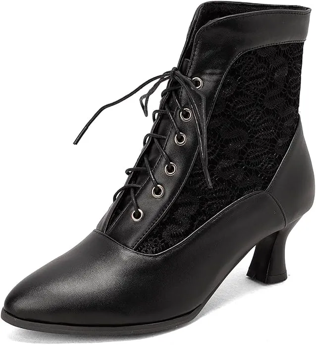 New CRETUAO Women Vintage Victorian Kitten Heel Ankle Boots,Fashion Lace Up Gothic Pointed Toe Zipper Witch Booties Black, Sz 8 Retail $67 