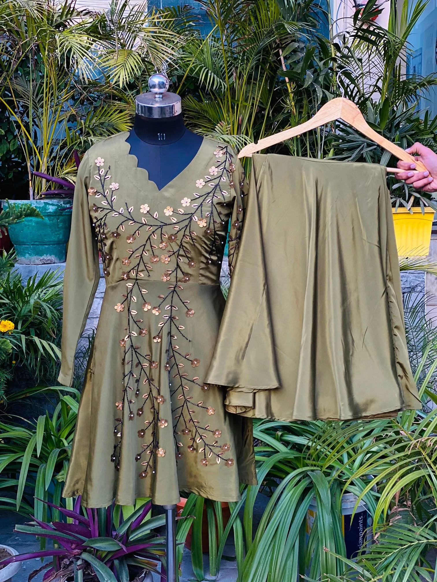 Olive Embroidered Garara Suit