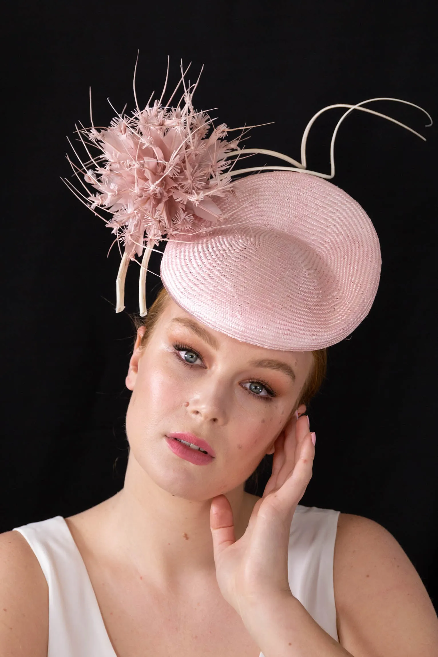 Pale Pink Raised Beret with feather Pom Pom