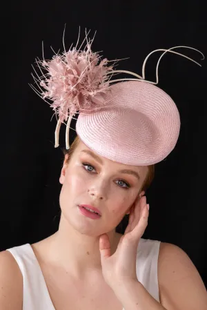 Pale Pink Raised Beret with feather Pom Pom