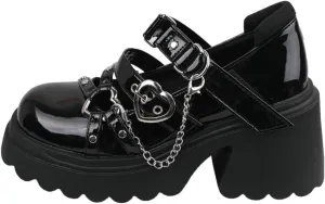Parisuit Womens Goth Platform Mary Janes Heels Buckle Chain Punk Cosplay Shoes Ankle Strap Chunky Heel Round Toe Pumps