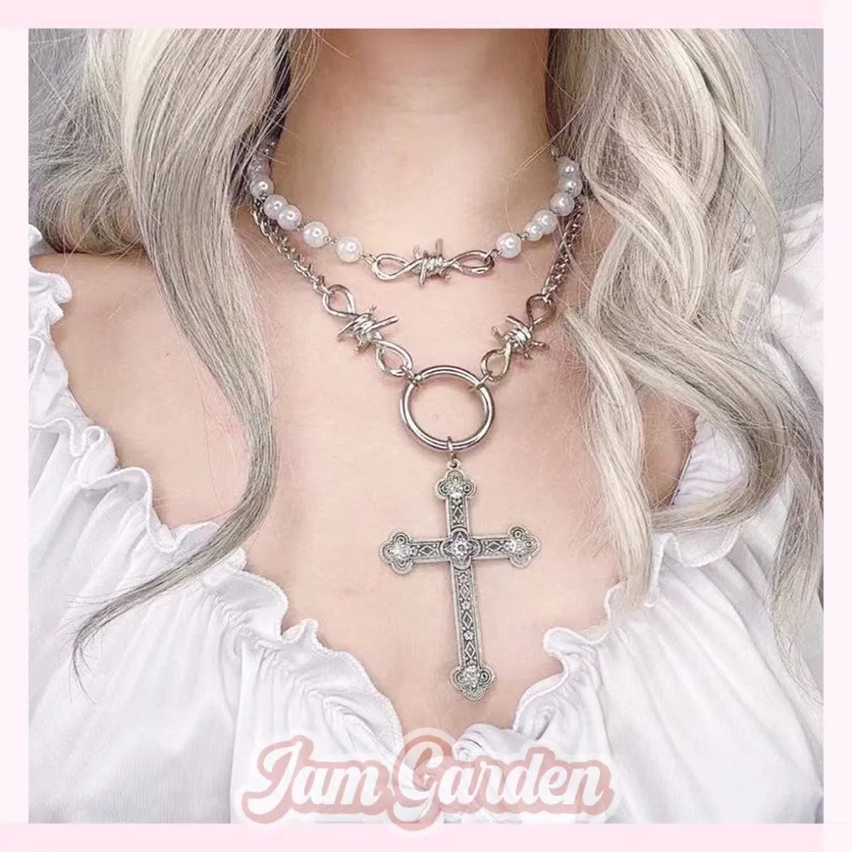 Pearl Cross Pendant Necklace Hip Hop Sweet Cool Metal Multilayer Clavicle Chain Accessories