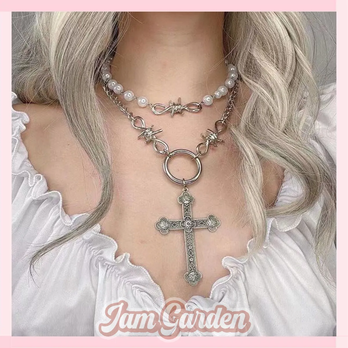 Pearl Cross Pendant Necklace Hip Hop Sweet Cool Metal Multilayer Clavicle Chain Accessories