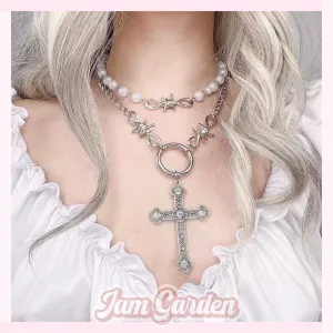 Pearl Cross Pendant Necklace Hip Hop Sweet Cool Metal Multilayer Clavicle Chain Accessories