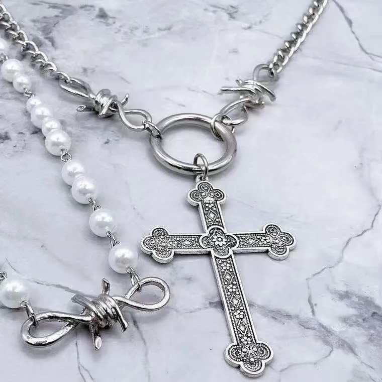 Pearl Cross Pendant Necklace Hip Hop Sweet Cool Metal Multilayer Clavicle Chain Accessories