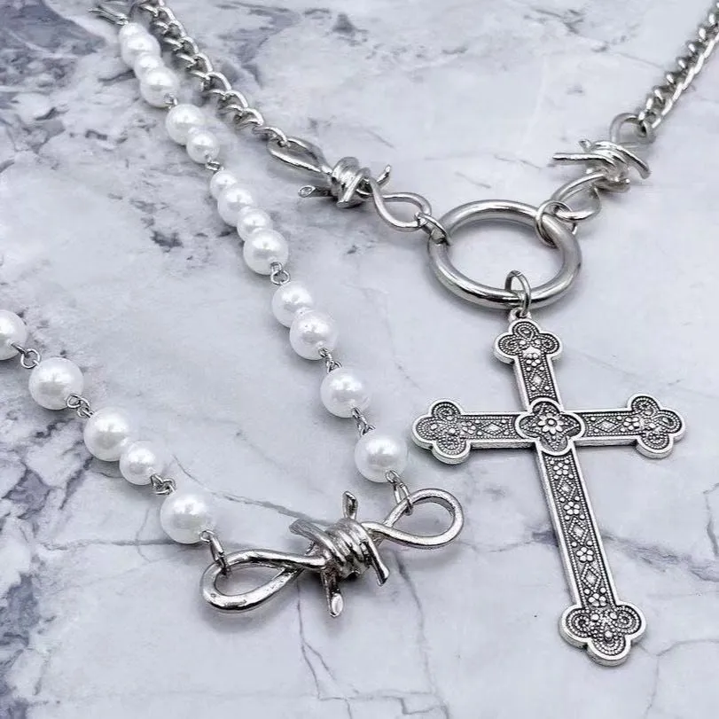 Pearl Cross Pendant Necklace Hip Hop Sweet Cool Metal Multilayer Clavicle Chain Accessories