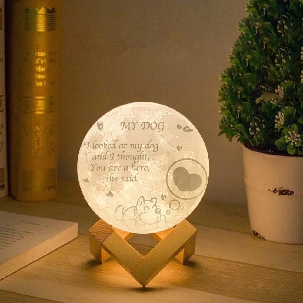 Personalized My Dog Engraved Moon Lamp, Custom 3D Moon Lamp Home Decoration - Touch Two Colors 15cm Available
