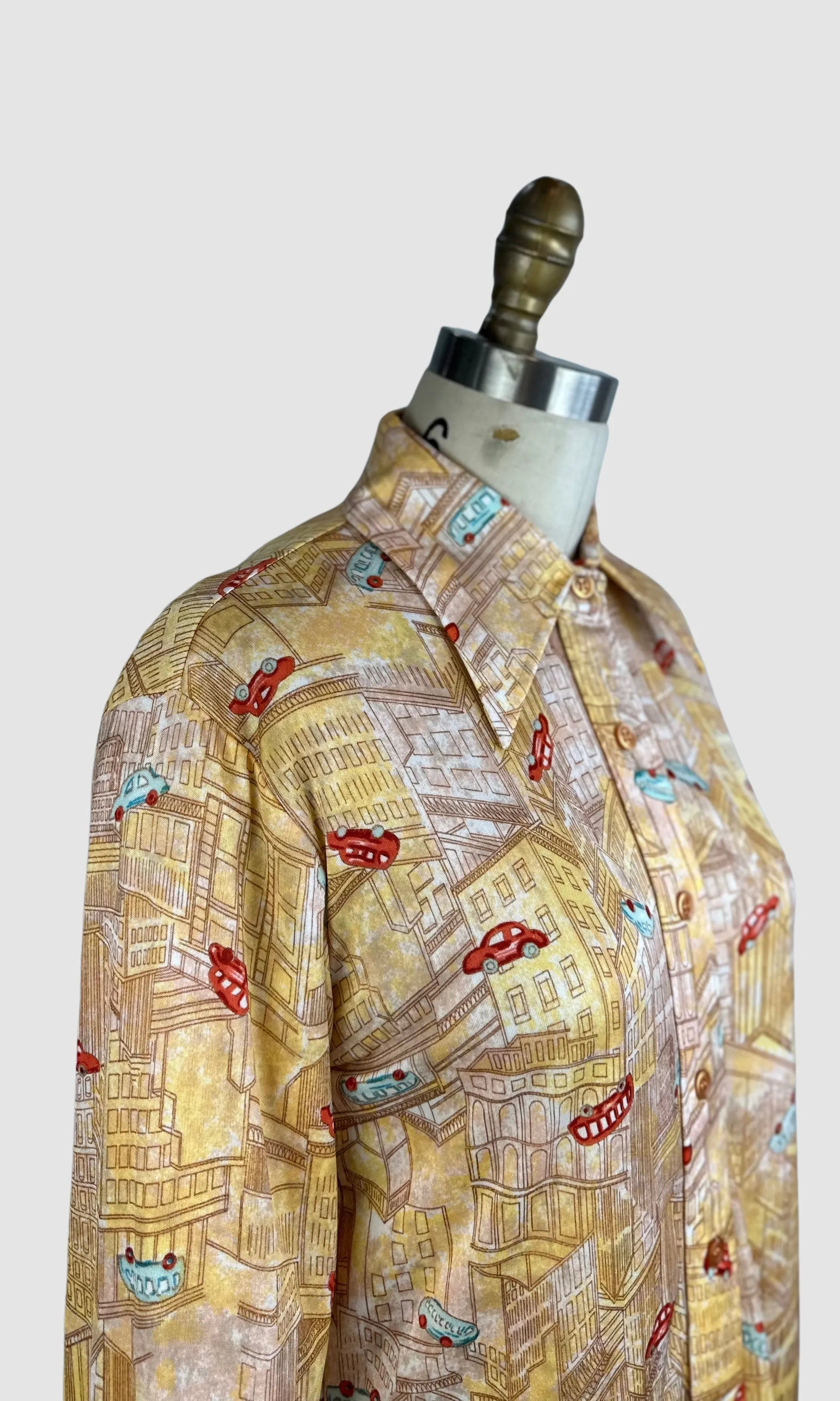PIERRE FOSHEY 70s Deadstock City Print Polyester Disco Shirt • Medium