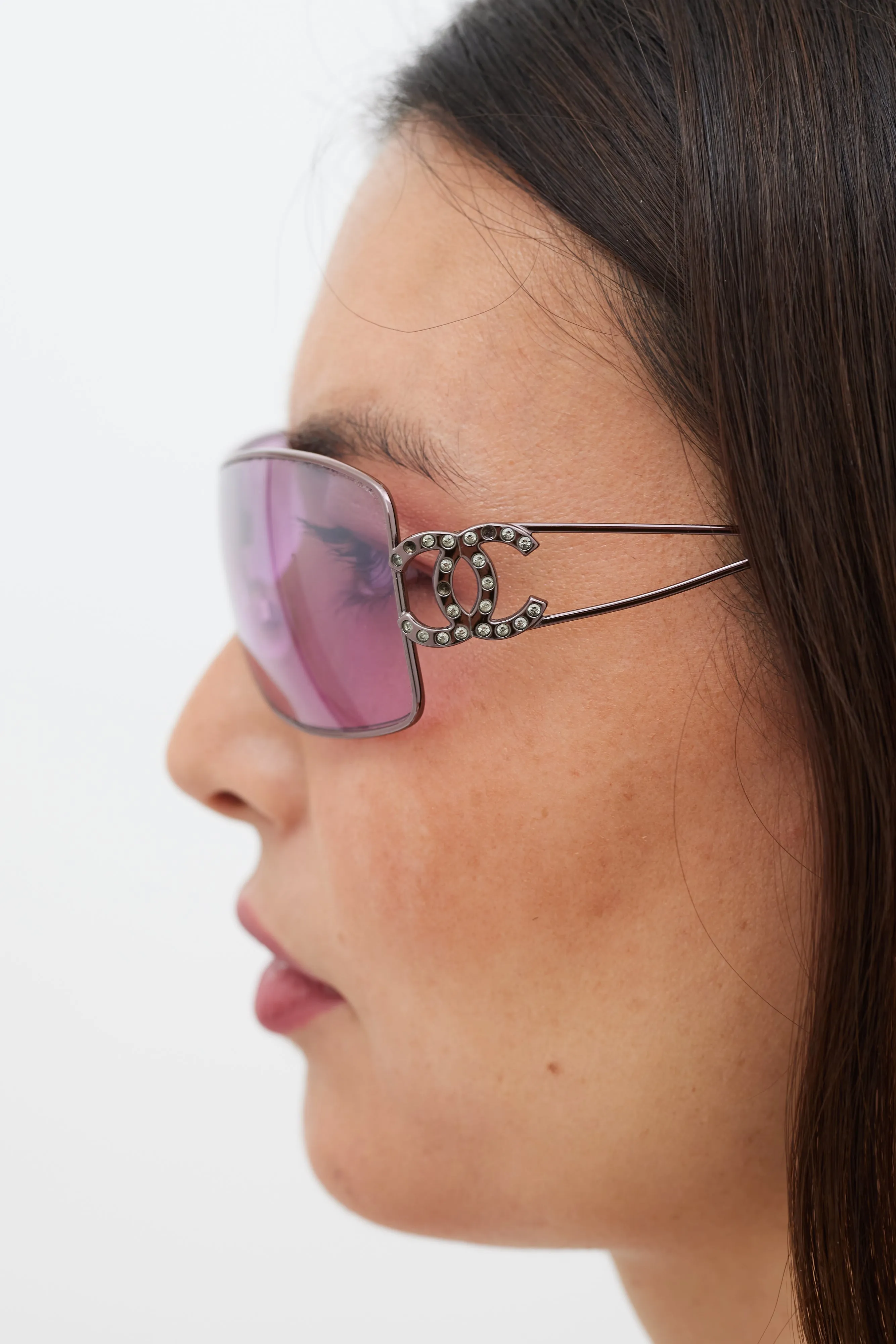 Pink Rectangular CC Crystal Logo Sunglasses
