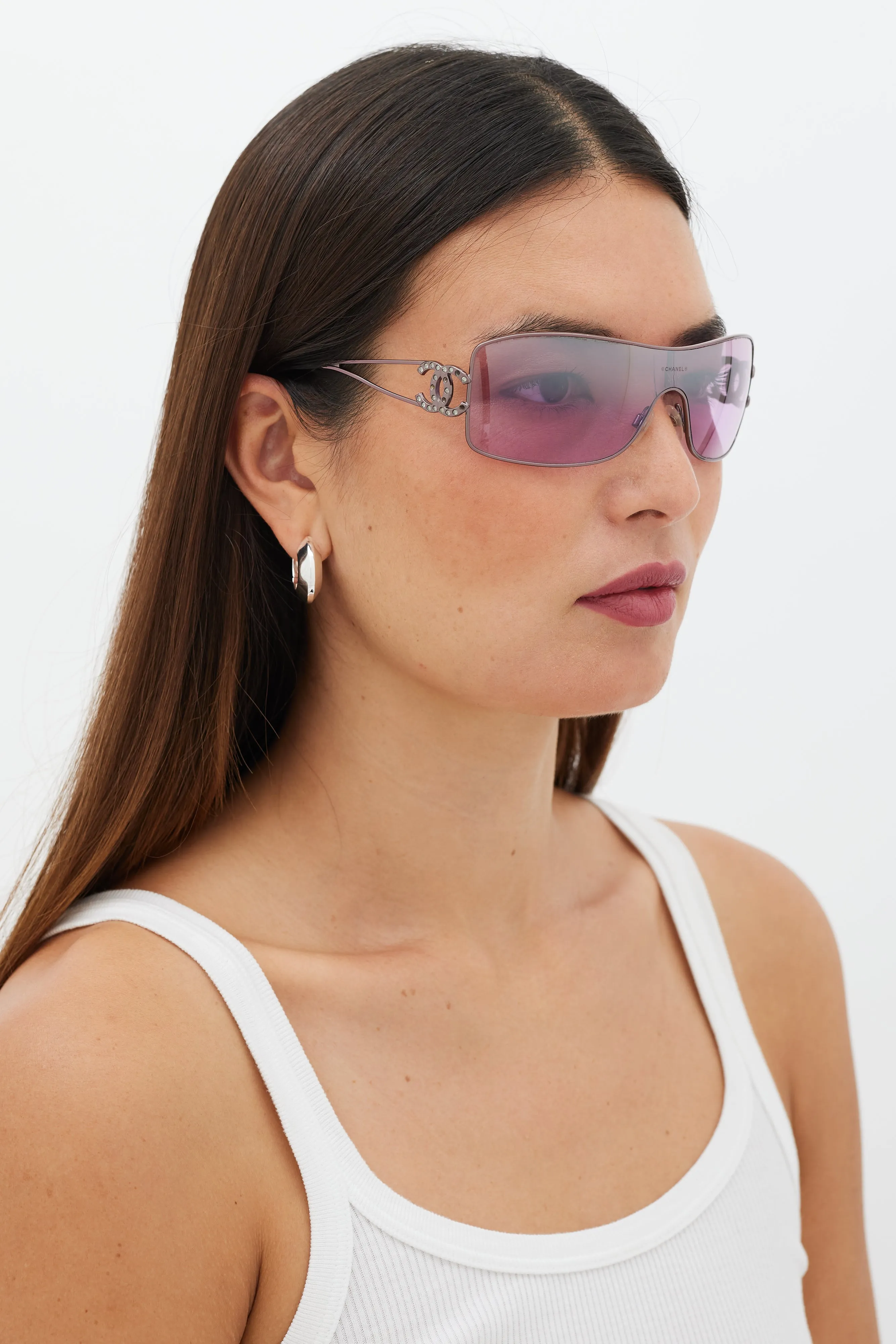 Pink Rectangular CC Crystal Logo Sunglasses