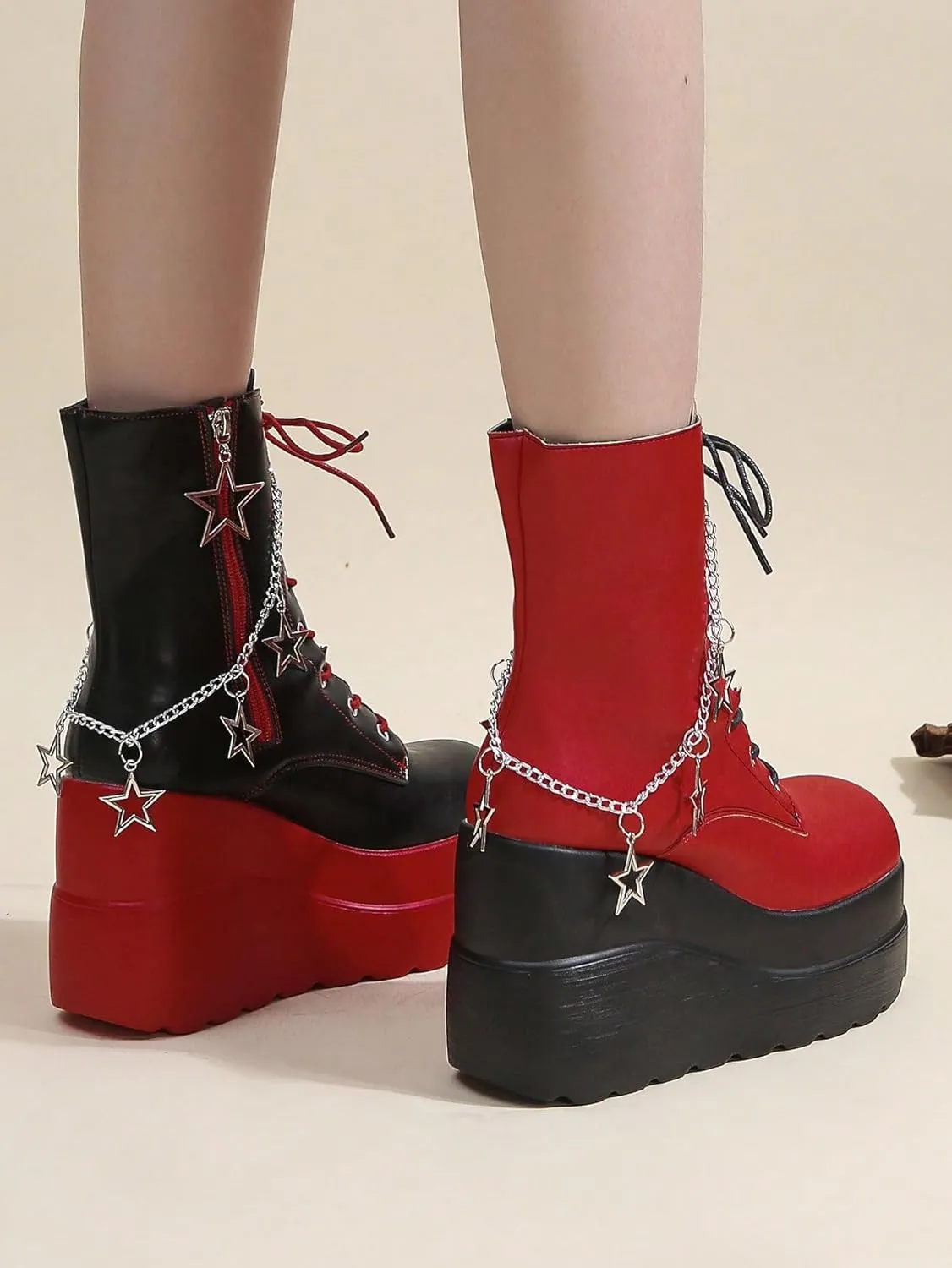Platform Boots PU Leather Bold Colorblock For Women 4 Inch Height Boost Mid Calf Streetwear Shoes For Fall Concert Night Out Y2K Statement Fashion Look