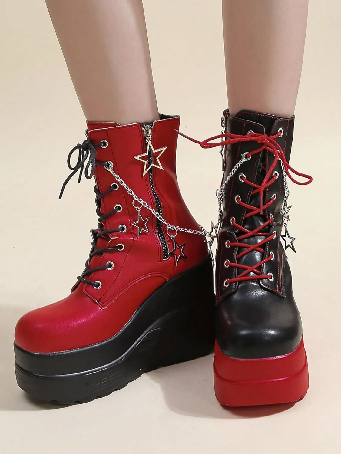 Platform Boots PU Leather Bold Colorblock For Women 4 Inch Height Boost Mid Calf Streetwear Shoes For Fall Concert Night Out Y2K Statement Fashion Look
