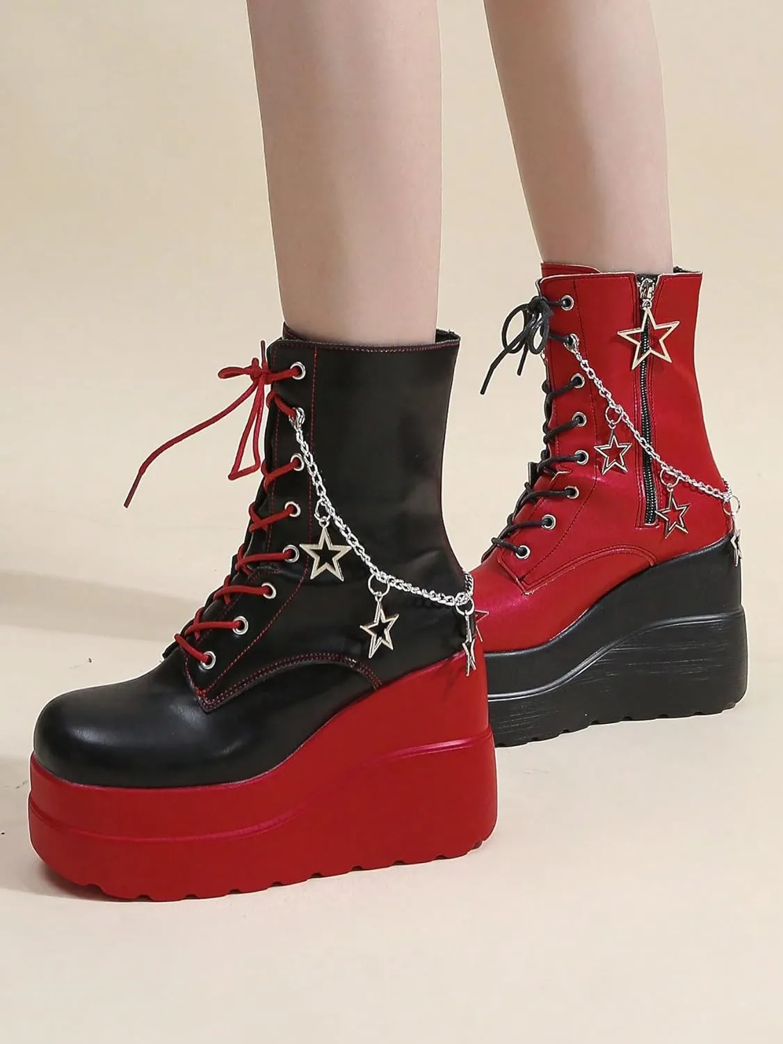 Platform Boots PU Leather Bold Colorblock For Women 4 Inch Height Boost Mid Calf Streetwear Shoes For Fall Concert Night Out Y2K Statement Fashion Look