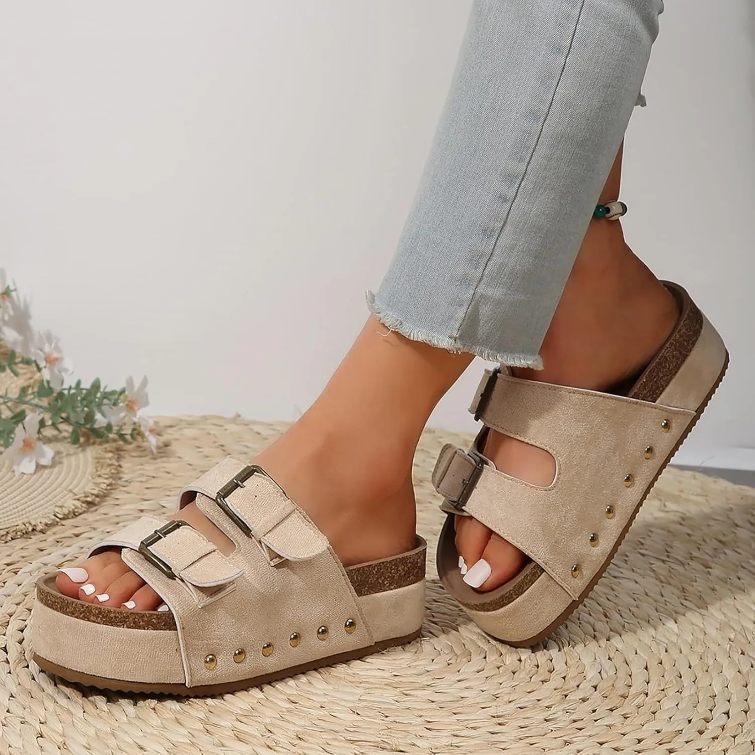 Platform Slides for Women,Summer Low Wedge Sandals for Women Comfortable Sandals for Women Open Toe Ankle Strap Slip On Sandals Drssey Casual Cork Slippers Cute Boho Beach Shoes