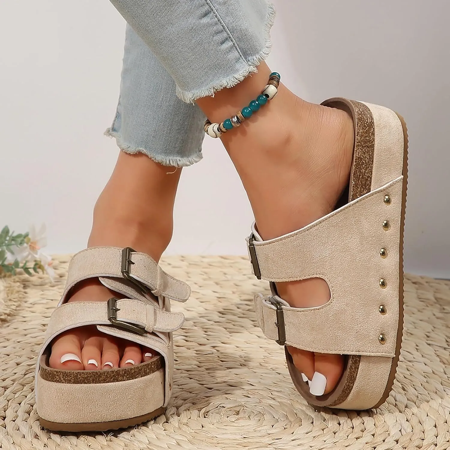 Platform Slides for Women,Summer Low Wedge Sandals for Women Comfortable Sandals for Women Open Toe Ankle Strap Slip On Sandals Drssey Casual Cork Slippers Cute Boho Beach Shoes