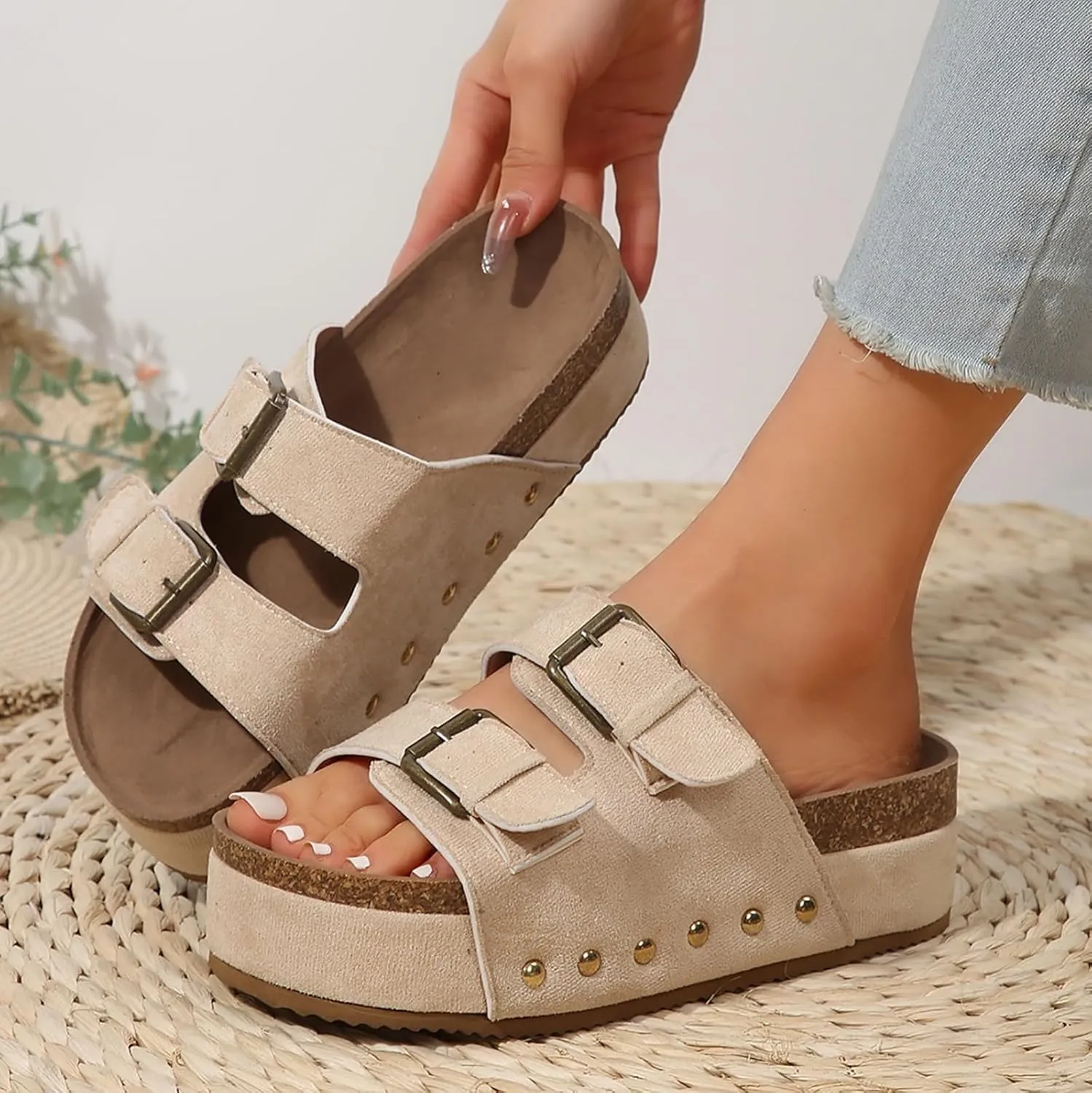 Platform Slides for Women,Summer Low Wedge Sandals for Women Comfortable Sandals for Women Open Toe Ankle Strap Slip On Sandals Drssey Casual Cork Slippers Cute Boho Beach Shoes