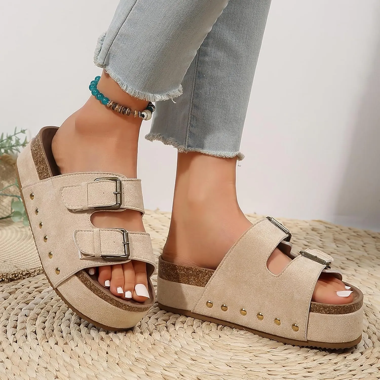 Platform Slides for Women,Summer Low Wedge Sandals for Women Comfortable Sandals for Women Open Toe Ankle Strap Slip On Sandals Drssey Casual Cork Slippers Cute Boho Beach Shoes