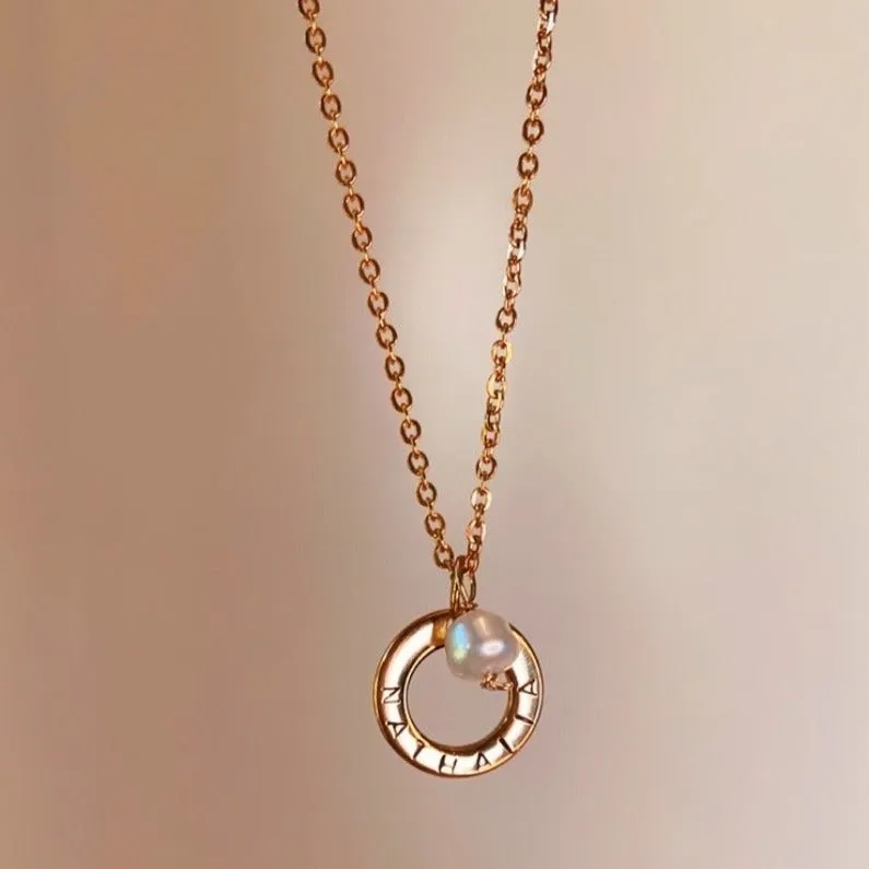 PRE-ORDER Lazer Engraved Ring with Pearl Dangle Gold Filled Necklace (8 characters)