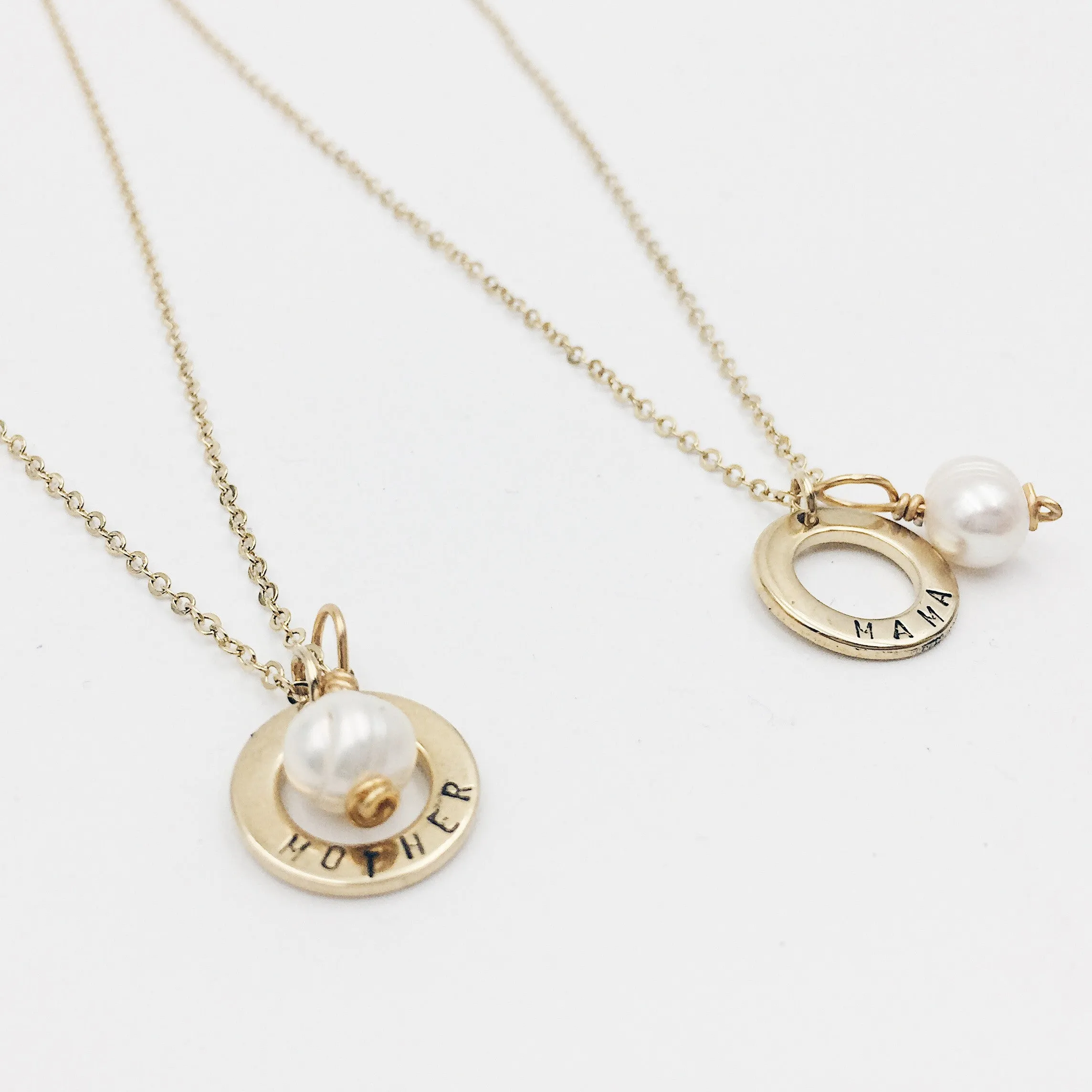 PRE-ORDER Lazer Engraved Ring with Pearl Dangle Gold Filled Necklace (8 characters)
