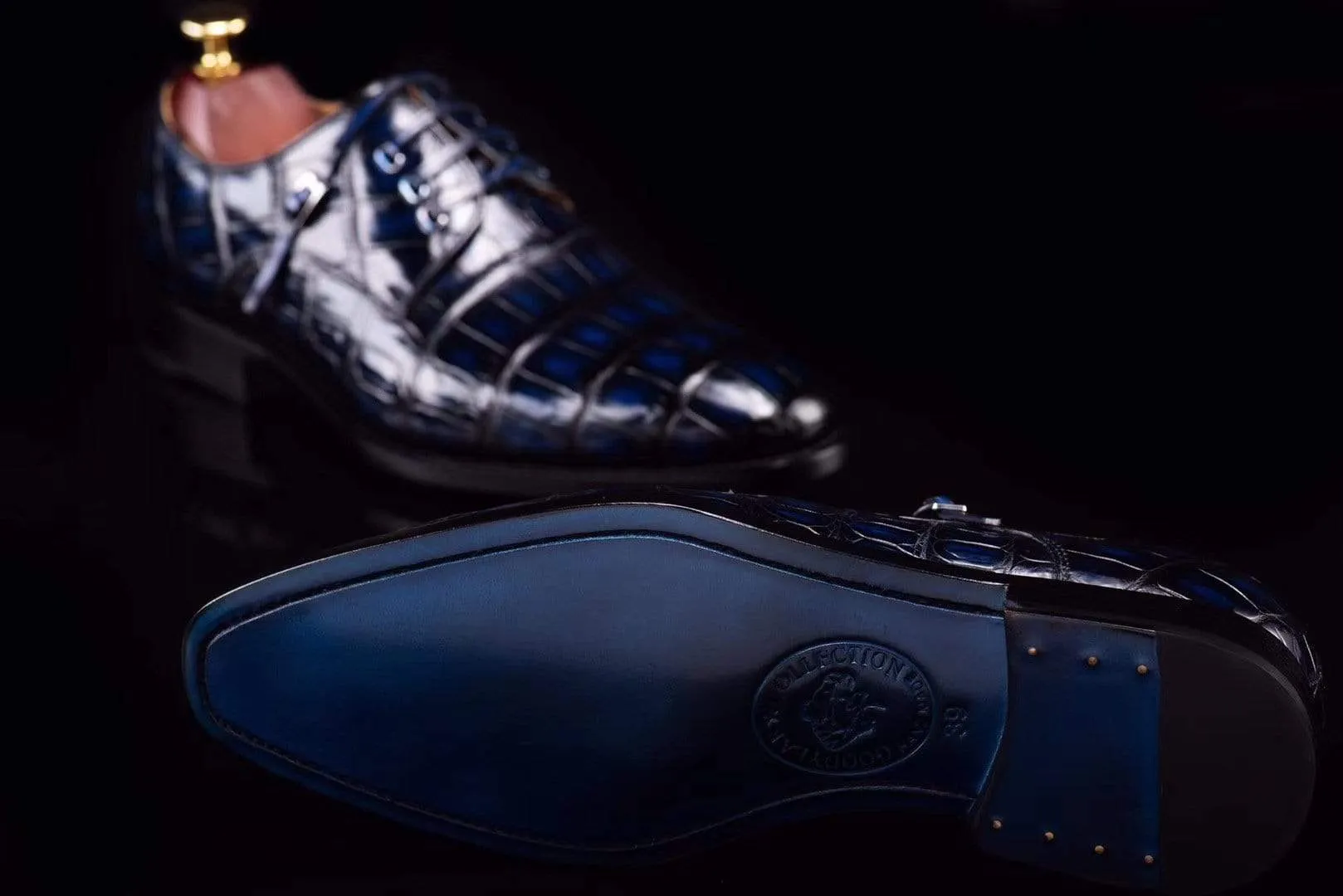 Preorder Lace-Up Shoes In Dark Blue Crocodile Skin Leather