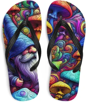 Psychedelic Gnome Flip-Flops, Trippy Colorful Fantasy Slippers, Funny Mushroom Art Beach Sandals, Boho Hippie Shoes