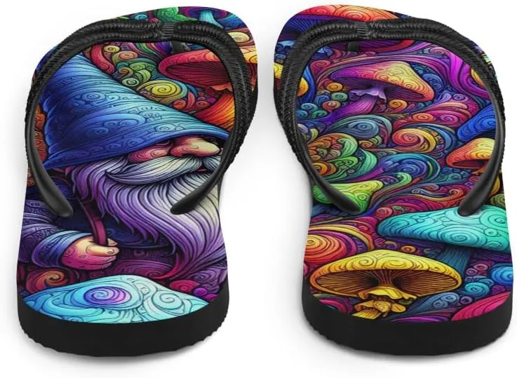 Psychedelic Gnome Flip-Flops, Trippy Colorful Fantasy Slippers, Funny Mushroom Art Beach Sandals, Boho Hippie Shoes