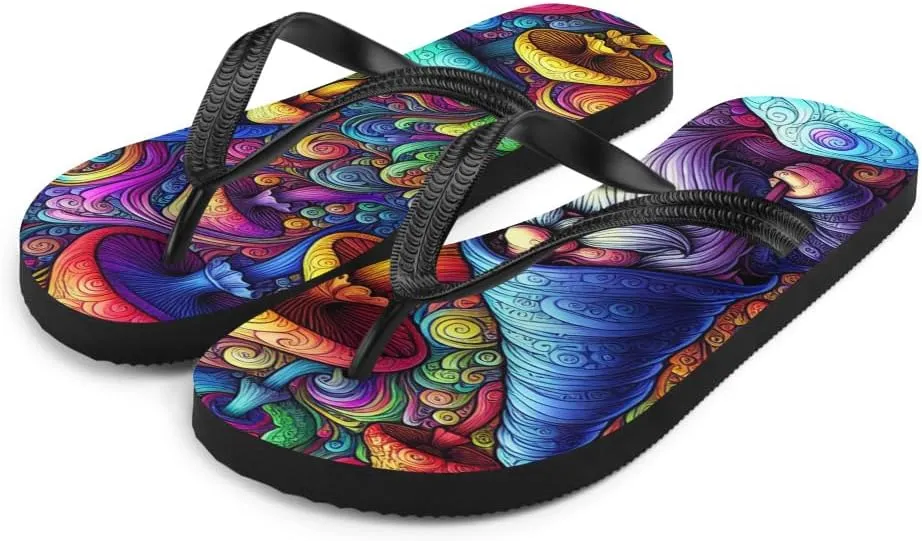 Psychedelic Gnome Flip-Flops, Trippy Colorful Fantasy Slippers, Funny Mushroom Art Beach Sandals, Boho Hippie Shoes