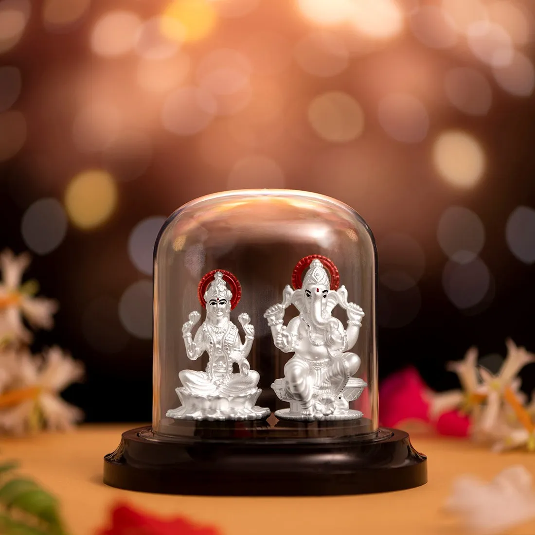 Radiant Harmony Rhodium-Plated 999 Silver Ganesh & Lakshmi Ji Idol