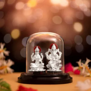 Radiant Harmony Rhodium-Plated 999 Silver Ganesh & Lakshmi Ji Idol