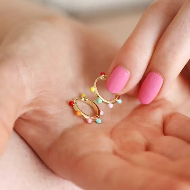 Rainbow Pom Pom Gold Huggie Hoops