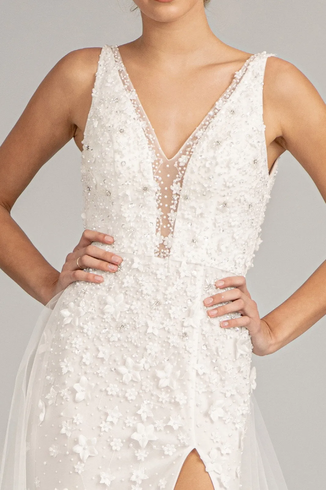 Rhinestone Embellished Mesh Mermaid Dress 3-D Flower and Detached Layer GLGL3011