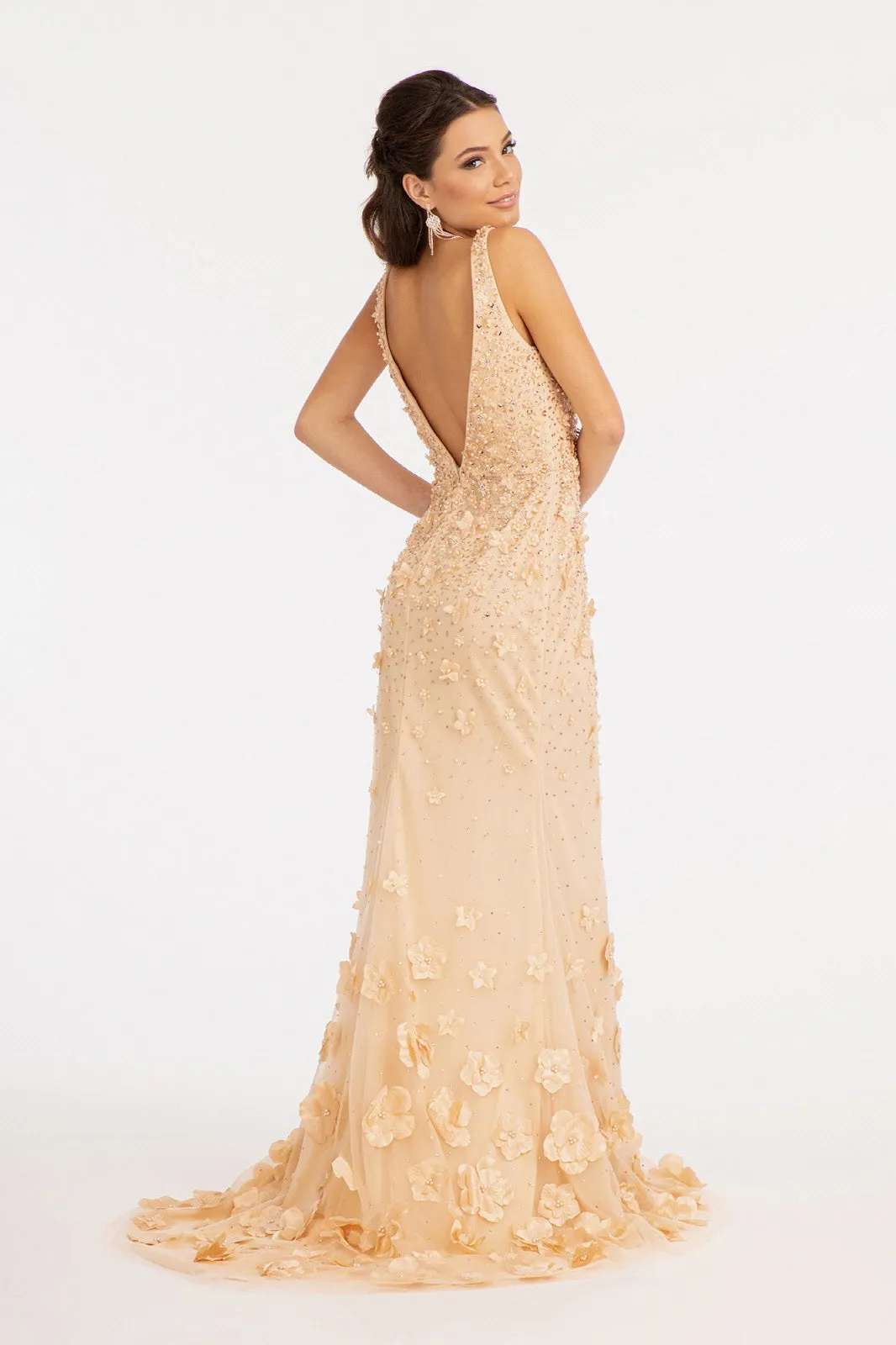 Rhinestone Embellished Mesh Mermaid Dress 3-D Flower and Detached Layer GLGL3011