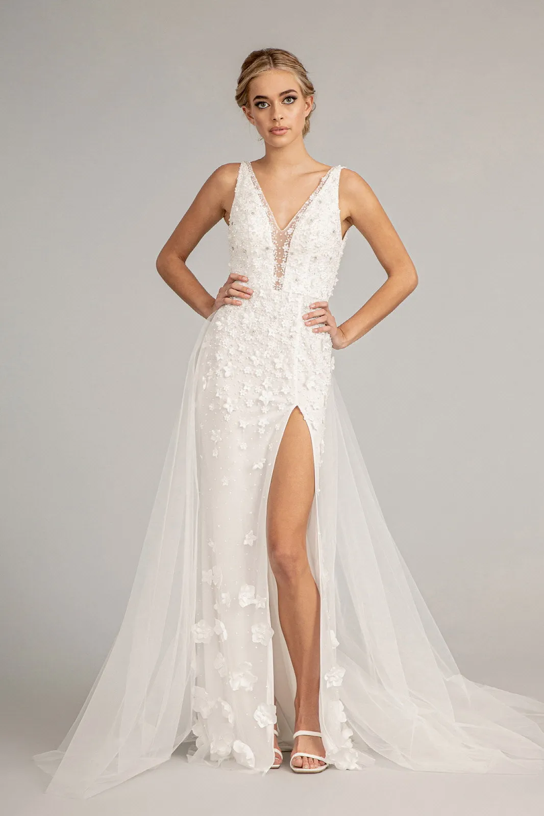 Rhinestone Embellished Mesh Mermaid Dress 3-D Flower and Detached Layer GLGL3011