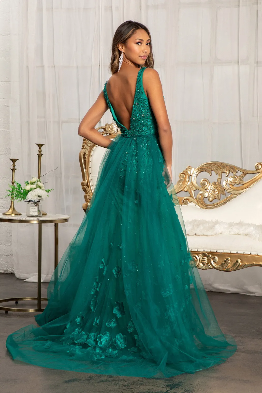 Rhinestone Embellished Mesh Mermaid Dress 3-D Flower and Detached Layer GLGL3011