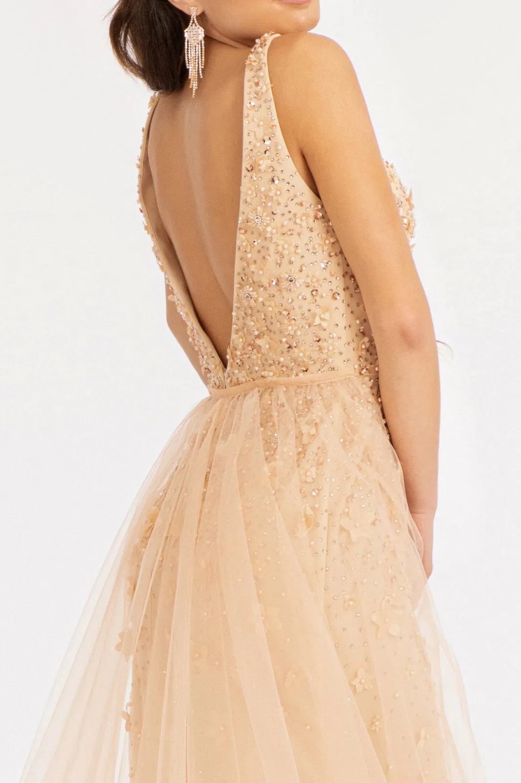 Rhinestone Embellished Mesh Mermaid Dress 3-D Flower and Detached Layer GLGL3011