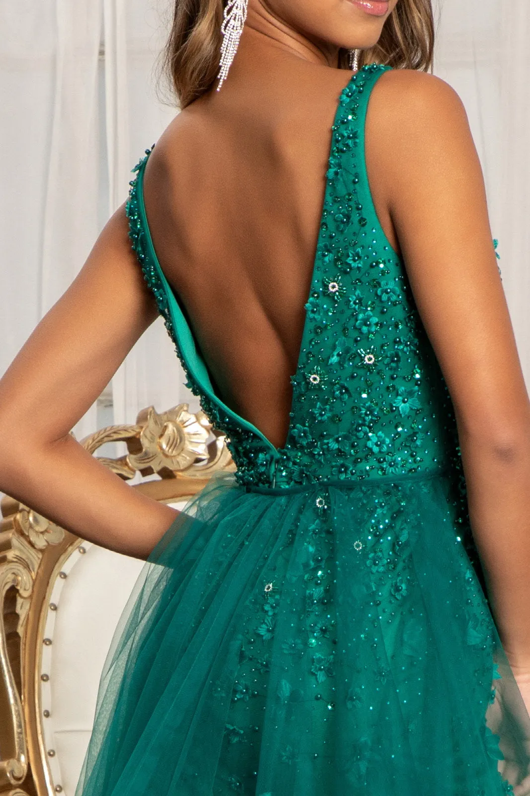Rhinestone Embellished Mesh Mermaid Dress 3-D Flower and Detached Layer GLGL3011