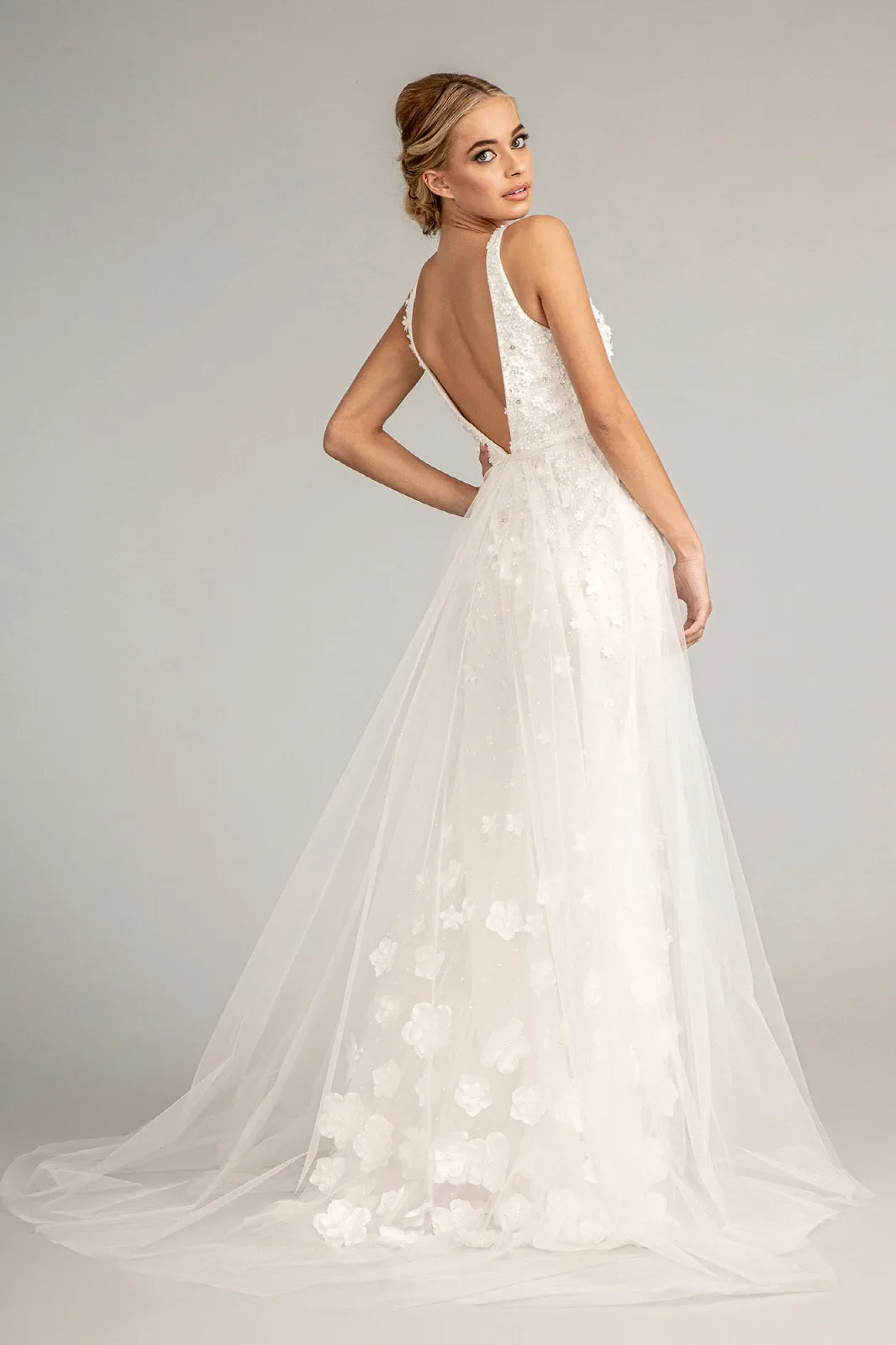 Rhinestone Embellished Mesh Mermaid Dress 3-D Flower and Detached Layer GLGL3011