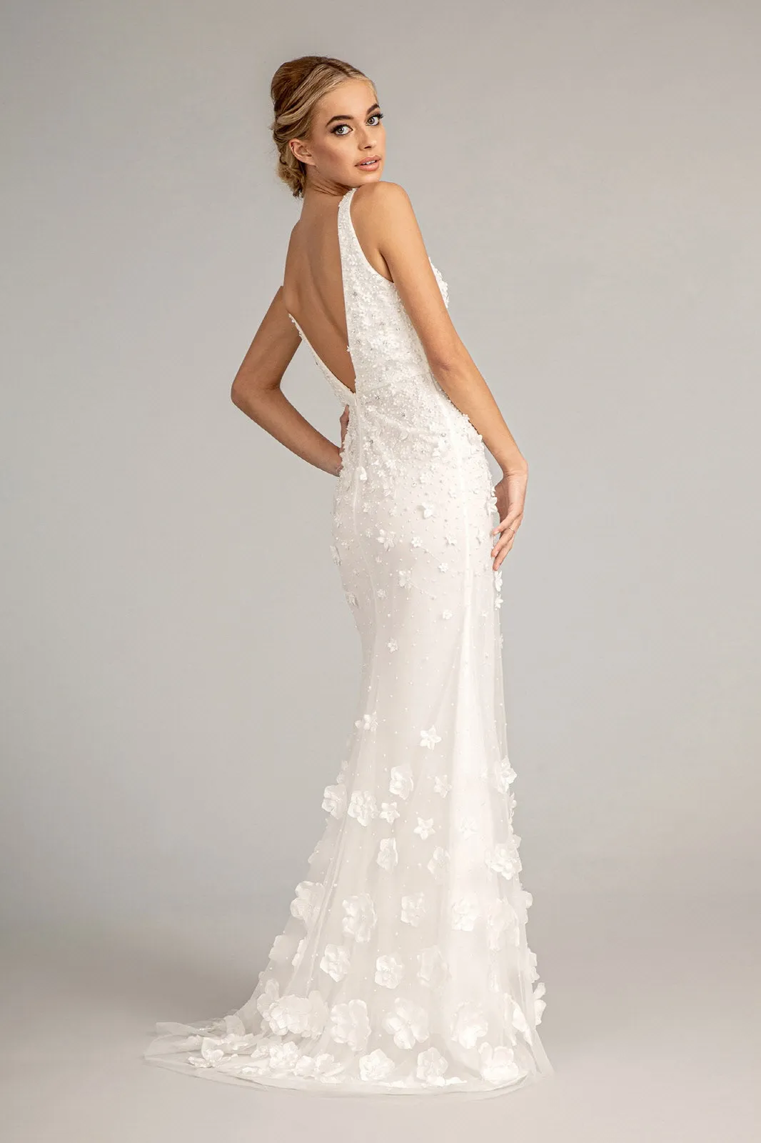 Rhinestone Embellished Mesh Mermaid Dress 3-D Flower and Detached Layer GLGL3011